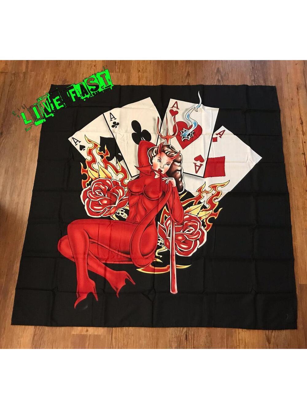 Devil Girl & Aces Flag Tapestry Banner: Vintage Las Vegas Casino Art (45x45)